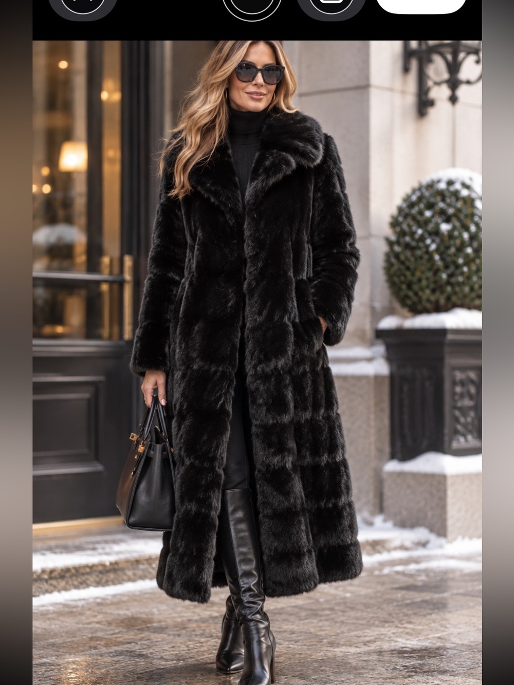 Fabulous Furs Luxe Black Long Faux-Fur Hooded Trench Coat